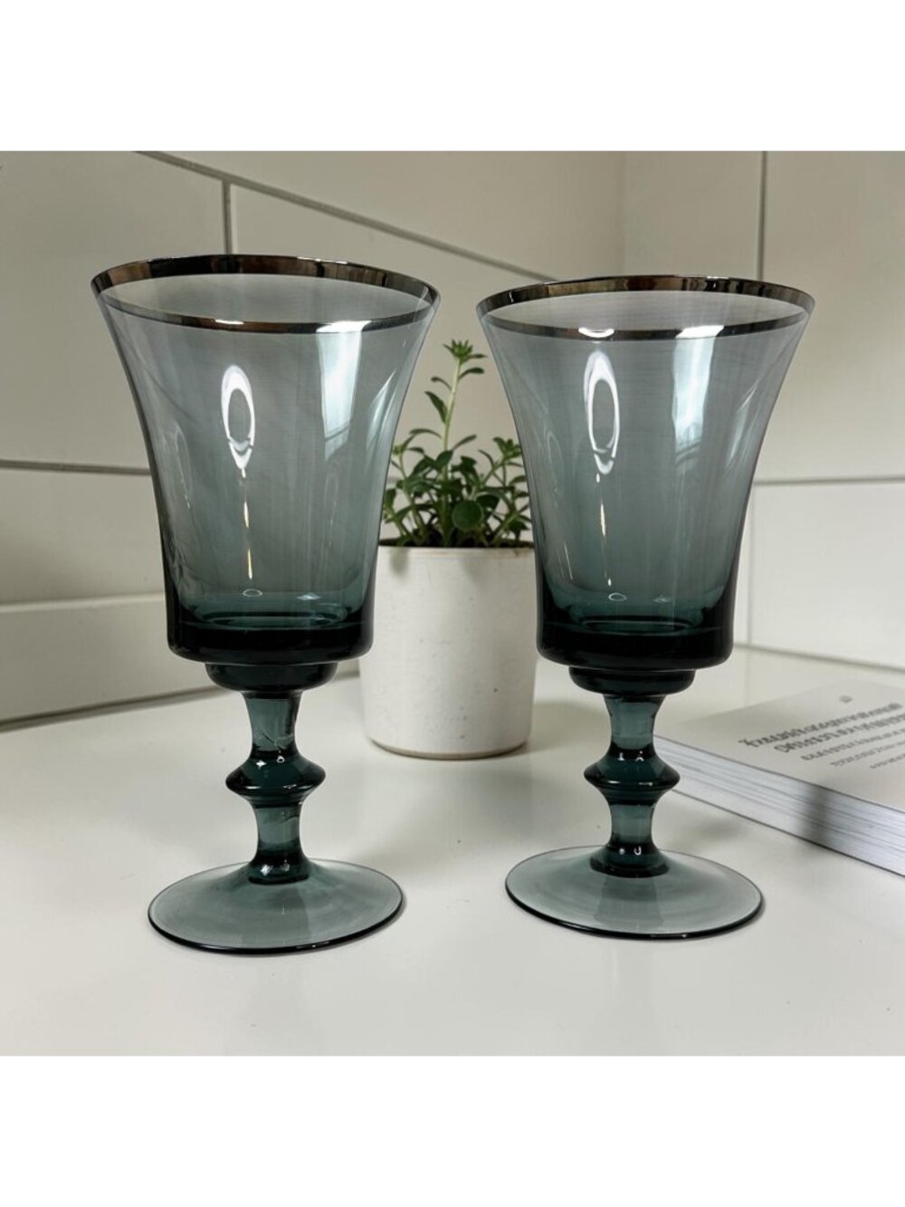 Vintage Gorham Prelude Smoky Goblets With Platinum Rim 2 Elegant Stemware 6.5" T